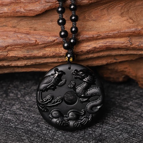 Black Obsidian Dragon Phoenix Luck Necklace