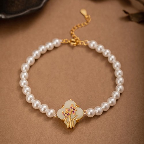 925 Silver Hetian Jade Orchid Clover Luck Necklace Set 925 Silver Hetian Jade Orchid Clover Luck Necklace Set