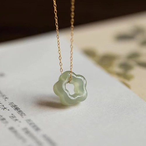 Hetian Jade Cyan Jade Floral Charm Necklace Pendant