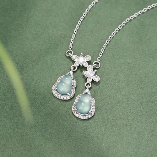 Sterling Silver Green Jade Gourd Butterfly Luck Necklace