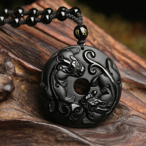 Black Obsidian Pixiu Bead Rope Strength Necklace Pendant Black Obsidian Pixiu Bead Rope Strength Necklace Pendant