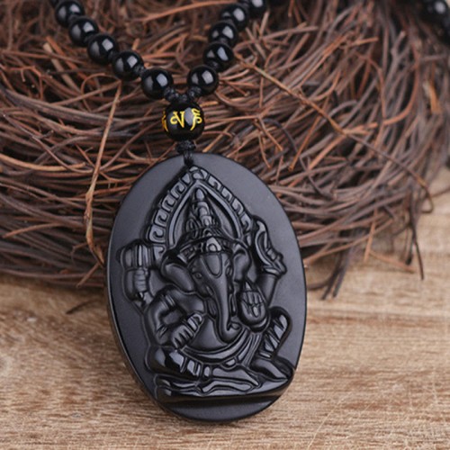 Obsidian Ganesh Elephant Wealth Necklace Pendant Obsidian Ganesh Elephant Wealth Necklace Pendant