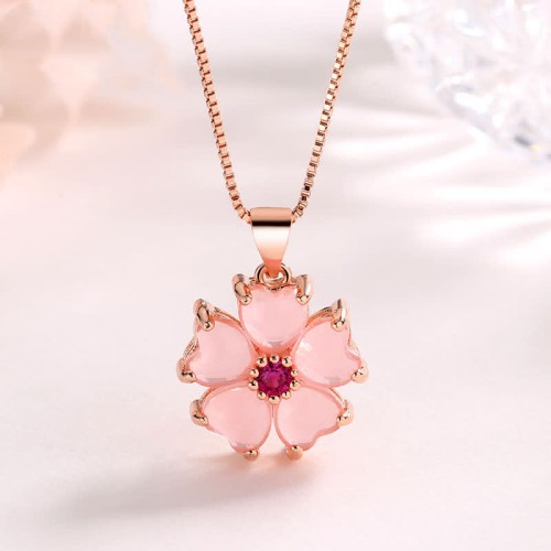 Pink Crystal Love Heart Flower Necklace Pendant Pink Crystal Love Heart Flower Necklace Pendant