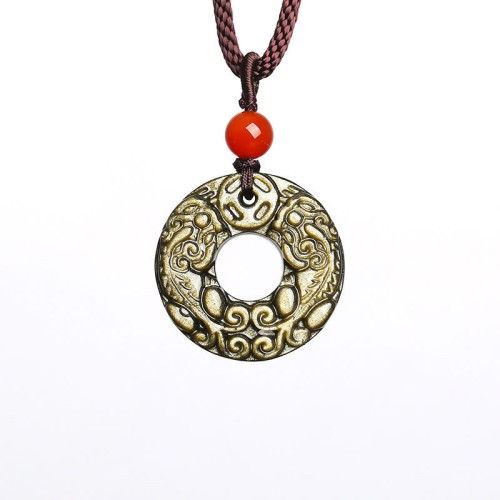 Gold Sheen Obsidian Pixiu Copper Coin Wealth Necklace Pendant