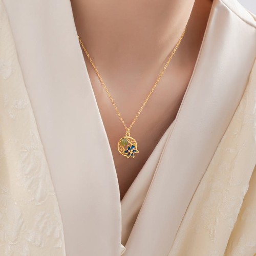 925 Silver Hetian Cyan Jade Flower Luck Necklace Set 925 Silver Hetian Cyan Jade Flower Luck Necklace Set