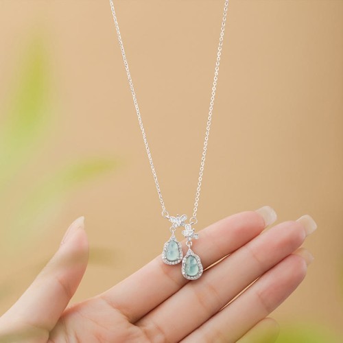 Sterling Silver Green Jade Gourd Butterfly Luck Necklace