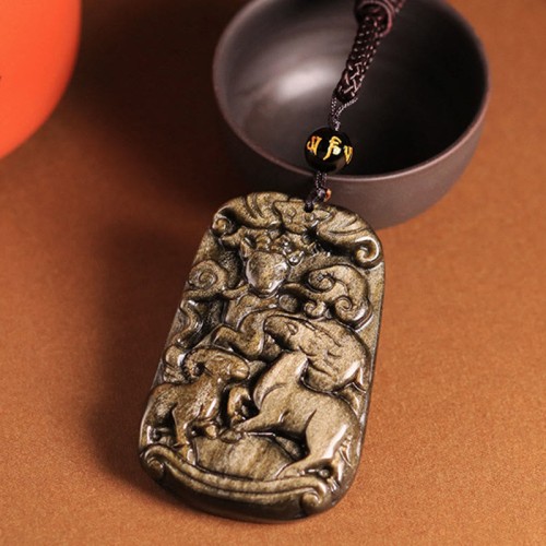 Gold Sheen Obsidian Three Goats Wealth Necklace Gold Sheen Obsidian Three Goats Wealth Necklace