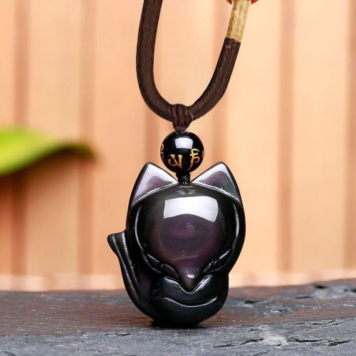 Rainbow Obsidian Nine-Tailed Fox Necklace Pendant