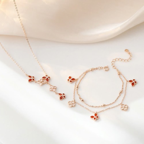 Sterling Silver Red Agate Tridacna Butterfly Clover Necklace