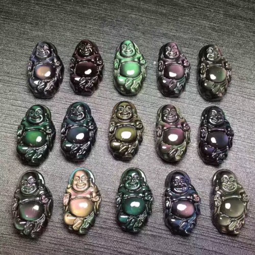 Rainbow Obsidian Laughing Buddha Inner Peace Necklace Rainbow Obsidian Laughing Buddha Inner Peace Necklace