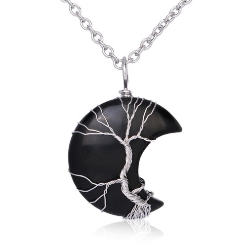 Natural Quartz Crystal Moon Tree Healing Necklace