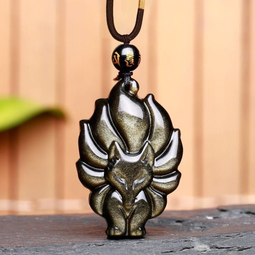 Rainbow Obsidian Nine-Tailed Fox Necklace Pendant