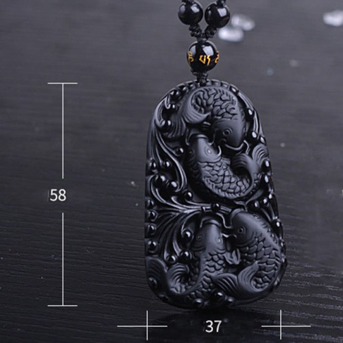 Black Obsidian Koi Fish Strength Beaded Necklace Black Obsidian Koi Fish Strength Beaded Necklace
