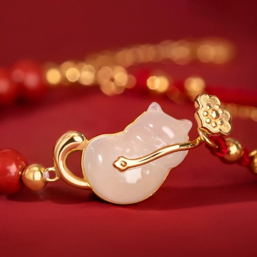 18K Gold Plated Hetian Jade Ruyi Cat Luck Set 18K Gold Plated Hetian Jade Ruyi Cat Luck Set