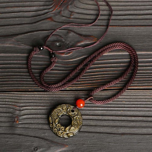 Gold Sheen Obsidian Pixiu Copper Coin Wealth Necklace Pendant