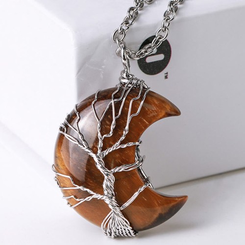 Natural Quartz Crystal Moon Tree Healing Necklace