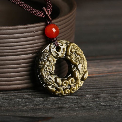 Gold Sheen Obsidian Pixiu Copper Coin Wealth Necklace Pendant