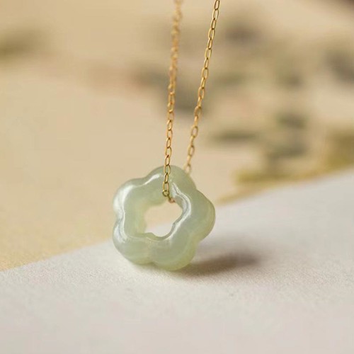 Hetian Jade Cyan Jade Floral Charm Necklace Pendant