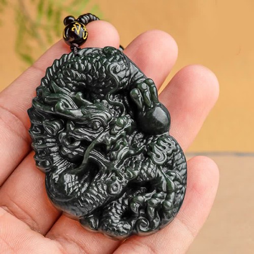 Hetian Cyan Jade Dragon Harmony Necklace Pendant Hetian Cyan Jade Dragon Harmony Necklace Pendant