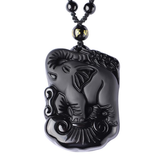 Black Obsidian Elephant Protection Key Chain Necklace Pendant