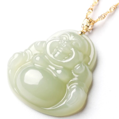 Sterling Silver Laughing Buddha Cyan Jade Success Necklace