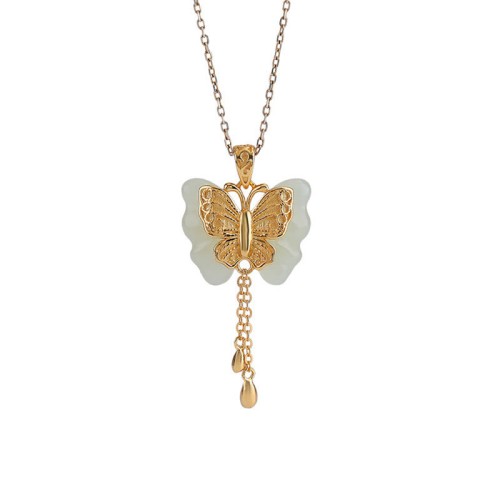 925 Sterling Silver Hetian White Jade Butterfly Blessing Necklace 925 Sterling Silver Hetian White Jade Butterfly Blessing Necklace