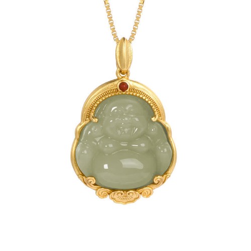 Sterling Silver Laughing Buddha Jade Luck Necklace