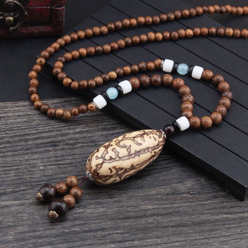 Wenge Wood Bodhi Seed Agate Elephant Protection Necklace Pendant