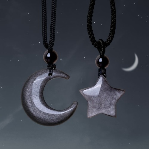 Natural Silver Sheen Obsidian Crescent Moon Protection Necklace