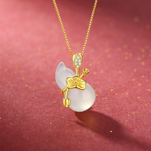 Cyan Jade Gourd Lotus Leaf Abundance Necklace Cyan Jade Gourd Lotus Leaf Abundance Necklace