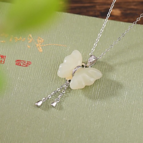 925 Sterling Silver Hetian White Jade Butterfly Blessing Necklace 925 Sterling Silver Hetian White Jade Butterfly Blessing Necklace