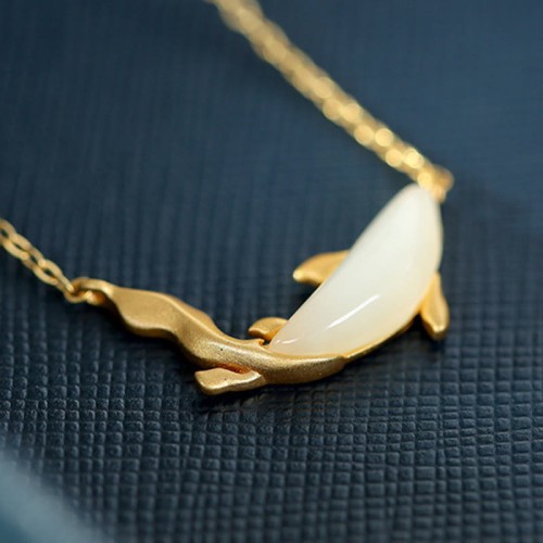 925 Silver White Jade Dolphin Luck Necklace