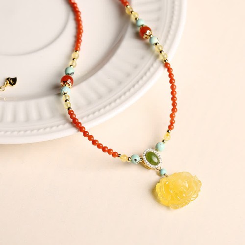 Red Agate Amber Peony Confidence Necklace Pendant