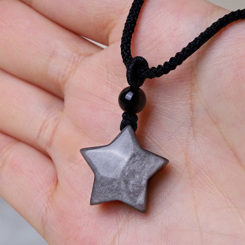 Natural Silver Sheen Obsidian Crescent Moon Protection Necklace