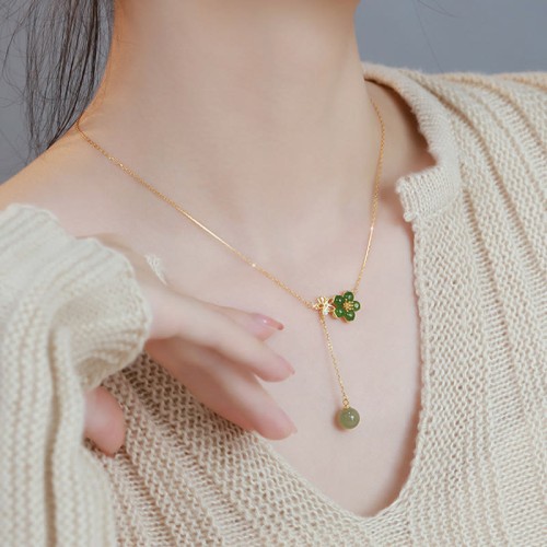 Hetian Cyan Jade Plum Flower Luck Necklace Pendant