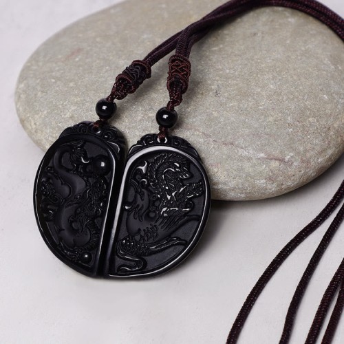 Black Obsidian Dragon Phoenix Protection Necklace