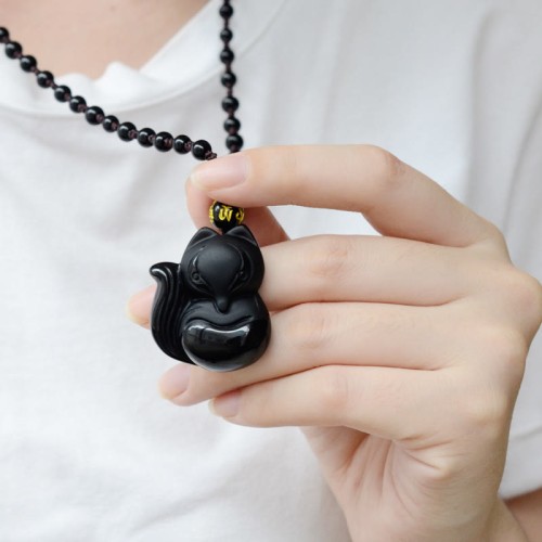 Natural Black Obsidian Tiger Eye Ice Fox Pendant Necklace Natural Black Obsidian Tiger Eye Ice Fox Pendant Necklace
