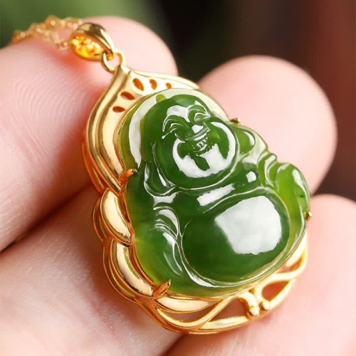 925 Sterling Silver Jade Laughing Buddha Necklace