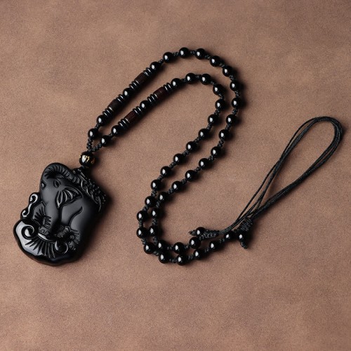 Black Obsidian Elephant Protection Key Chain Necklace Pendant