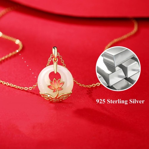 925 Sterling Silver Hetian White Jade Lotus Necklace