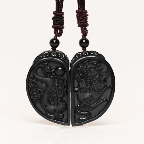 Black Obsidian Dragon Phoenix Protection Necklace