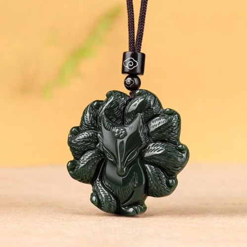 Hetian Cyan Jade Nine-Tailed Fox Luck Necklace