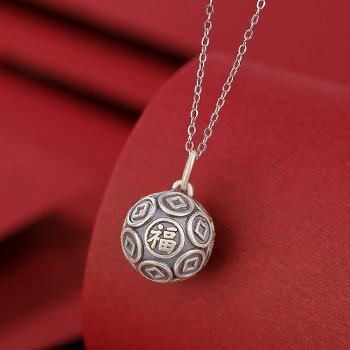 990 Silver Fu Character Copper Coin Luck Necklace 990 Silver Fu Character Copper Coin Luck Necklace