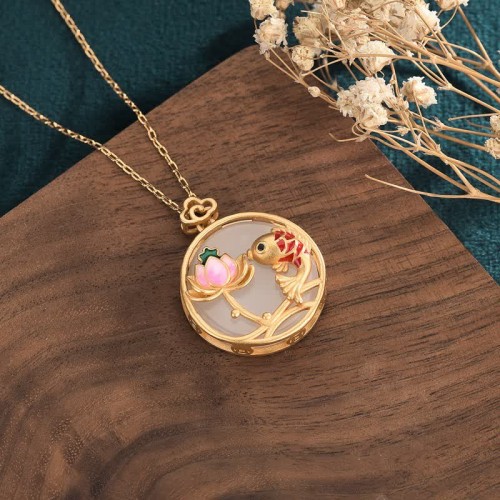 White Jade Koi Fish Lotus Necklace