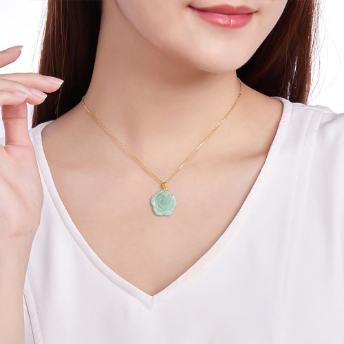 Gold Sterling Silver Natural Jade Rose Luck Necklace Gold Sterling Silver Natural Jade Rose Luck Necklace