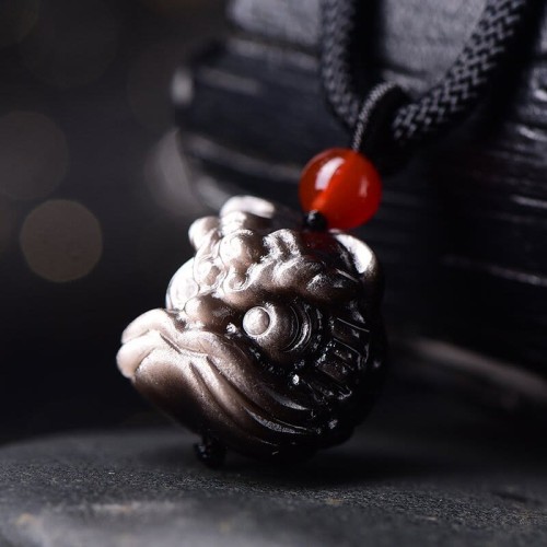 Silver Sheen Obsidian Dancing Lion Necklace