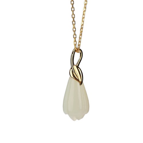 925 Silver Plated Gold Hetian Jade Magnolia Abundance Pendant