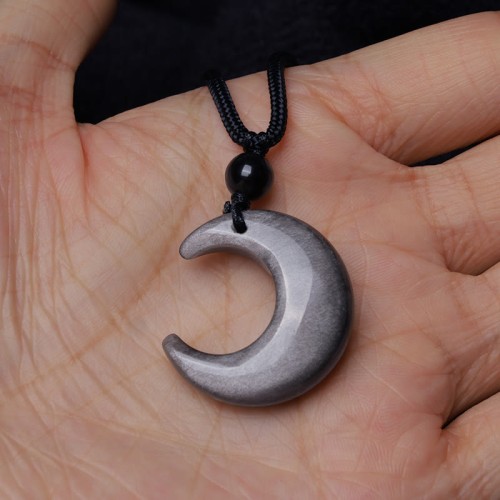 Silver Sheen Obsidian Crescent Moon Couple Necklace Pendant Silver Sheen Obsidian Crescent Moon Couple Necklace Pendant