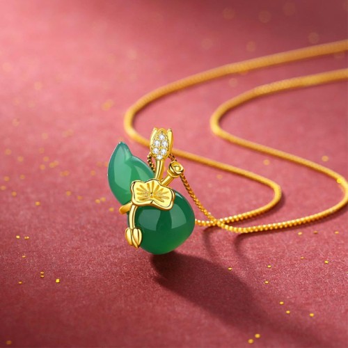 Cyan Jade Gourd Lotus Leaf Abundance Necklace Cyan Jade Gourd Lotus Leaf Abundance Necklace