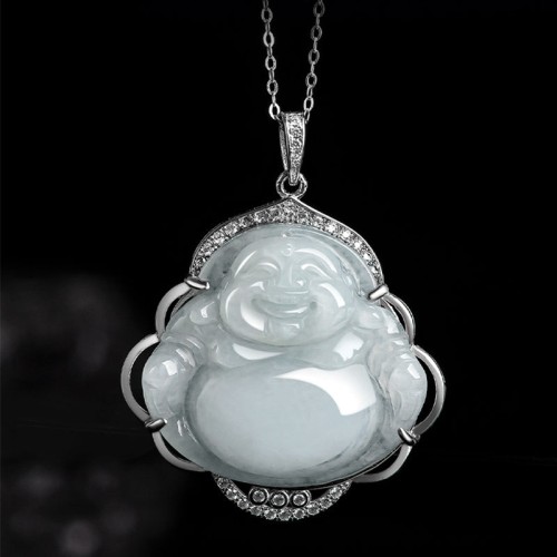 925 Sterling Silver Laughing Buddha Jade Necklace